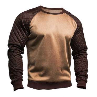 Men's Vintage Suede Quilted Chic Splicing Long Sleeve Round Neck Sweatshirt