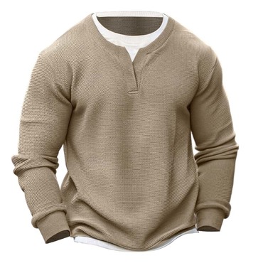 Men's Vintage Waffle Crew Neck Chic Fake Two-piece Long Sleeve T-shirt