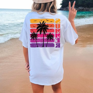 Women's Vintage Summer Palm Chic Trees Sunset Print Beach Oversized Loose Short Sleeve T-shirt