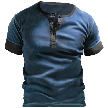 Men's Vintage Contrast Henley Collar Chic Casual Short Sleeve T-shirt