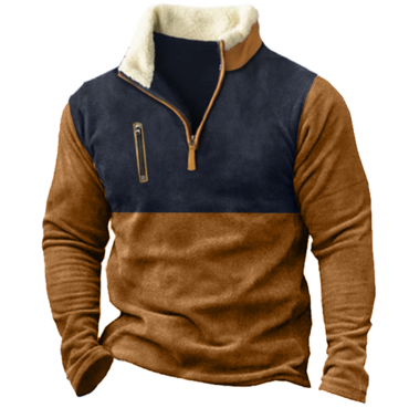 Men's Vintage Colorblock Pocket Chic Mock Zip Collar Sweatshirt