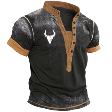 Men's Retro Gradient Color Chic Block West Cowboys Henley T-shirt