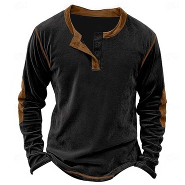 Men's Vintage Color Block Chic Henry Collar Long Sleeve T-shirt