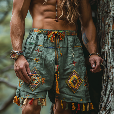 Men's Ethnic Printed Cotton And Chic Linen Shorts