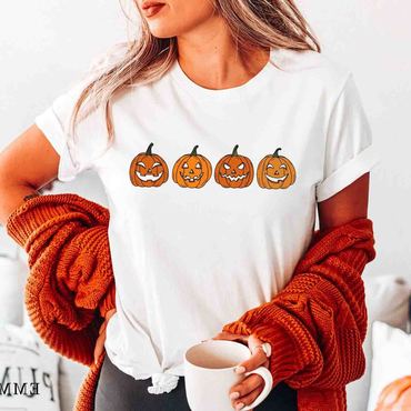 Women's Vintage Halloween Pumpkin Chic Jack-o-lantern Short Sleeve Crew Neck T-shirt