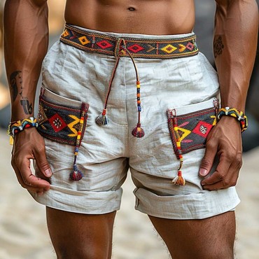 Men's Vintage Cotton Ethnic Chic Aztec Hippie Print Casual Elastic 5 Inch Shorts