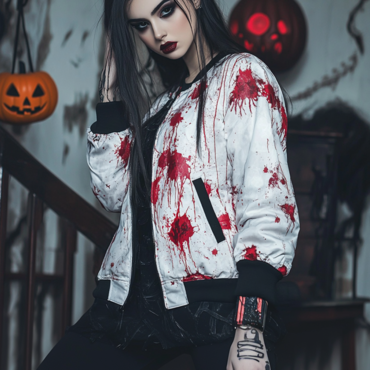 Ladies Vintage Halloween Blood Print Chic Baseball Jacket