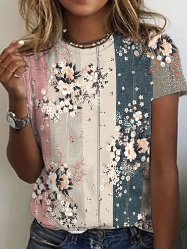 Round Neck Casual Loose Chic Floral Print Short Sleeve T-shirt