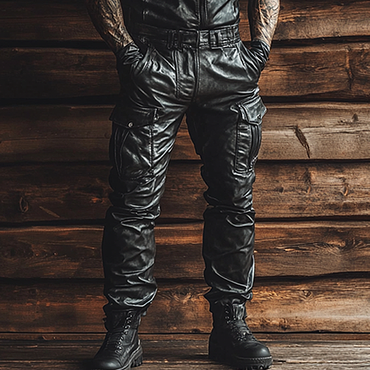 Men's Outdoor Motorcycle Riding Chic British Style Leather Multi Pocket Zipper Pants