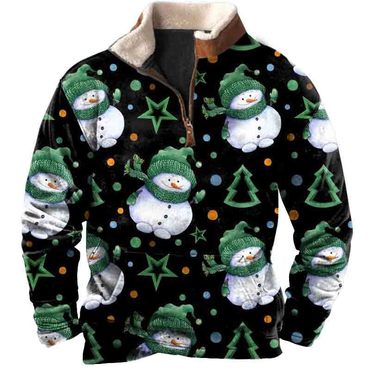 Men's Vintage Christmas Snowman Print Chic Fleece Collar Quarter Zip Stand Collar Sweatshirt