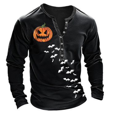 Men's Vintage Scary Pumpkin Chic Bat Halloween Print Henley Long Sleeve T-shirt