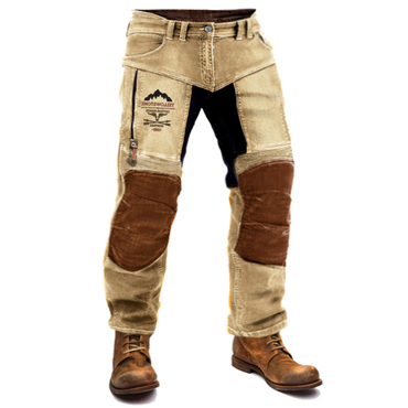 Men's Yellowstone Motorcycle Pants Chic Outdoor Vintage Washed Cotton Zipper Pocket Trousers