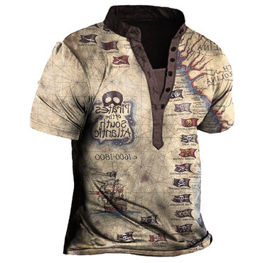 Plus Size Men's Vintage Chic Pirate Skull Nautical Map Print Henry T-shirt