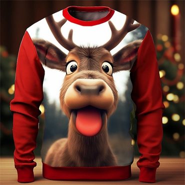 Men's Elk Deer 3d Print Chic Christmas Cartoon Crew Neck Long Sleeve Sweatshirts