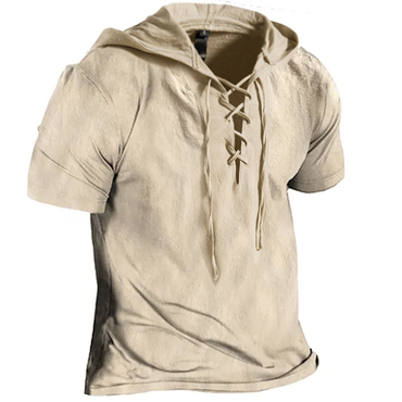 Men's Linen T Shirts Chic Drawstring Lace Up Hood Solid Color Summer Tops Short Sleeve Blouse Mens Plain T-shirt Work Pullover