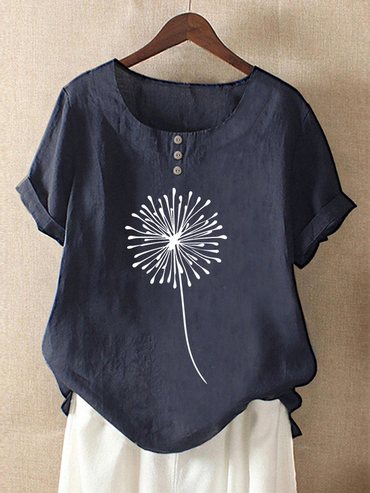 Casual Dandelion Print Button Chic Crew Neck Short Sleeve Blouse