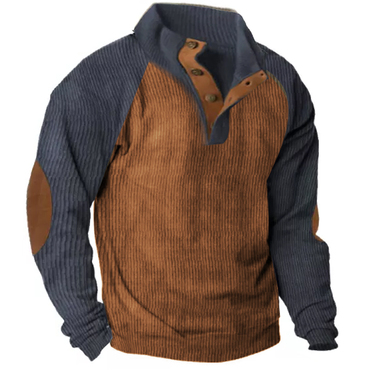 Men's Sweatshirt Corduroy Pullover Chic Elbow Patch Sweatshirt Outdoor Raglan Sleeves Casual Stand Collar Sweatshirt