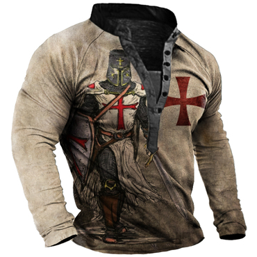 Men's Vintage Templar Cross Chic Long Sleeve Henley T-shirt