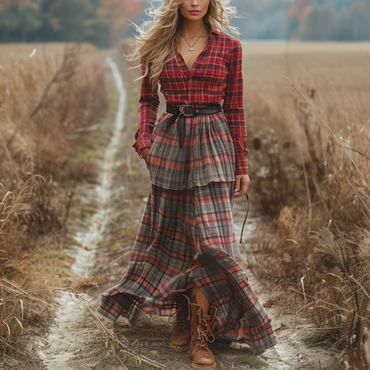 Retro V-neck Plaid Women's Chic Long-sleeved Long Skirt Country Pastoral Retro Dress