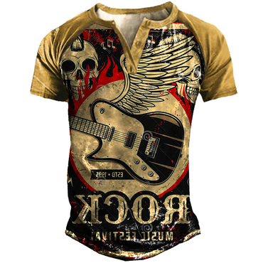 Men's Outdoor Vintage Rock Chic Guitar Skull Henley Collar T-shirt