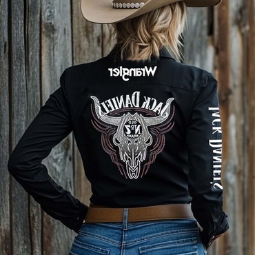 Women's Western Cowgirl Pbr Chic Whiskey Print Long Sleeve Black Shirts