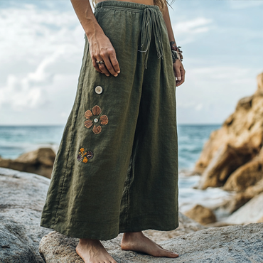 Women's Rustic Boho Beach Chic Vacation Print Linen Olive Green Draw Rope Ninth Wide Leg Pants