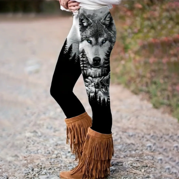 All-season Comfort-fit Women's Wolf & Chic Forest Print Skinny Leggings - Elastic, Stretchy And Durable