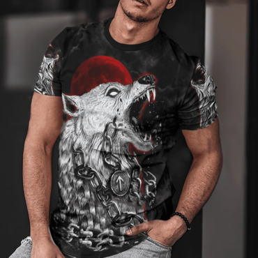 Men's Vintage Viking Wolf Print Chic Short Sleeve Crew Neck T-shirt