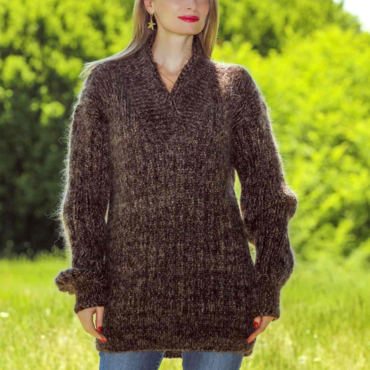 Ladies Vintage Long-sleeved Brown Chic V-neck Oversized Knitted Mohair Sweater