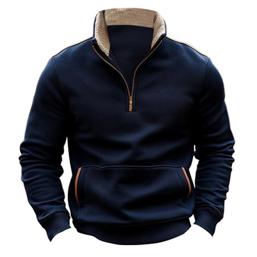 Men's Vintage Pocket Plush Collar Chic Quarter-zip Stand Collar Sweatshirt