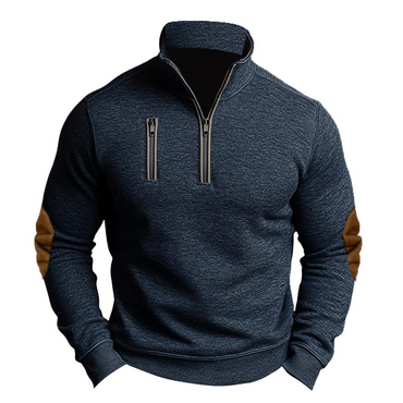 Men's Vintage Zipper Pocket Chic Elbow Patches Quarter-zip Stand Collar Sweatshirt