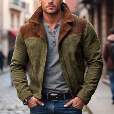 Men's Vintage Suede Color Chic Block Pocket Lapel Collar Outdoor Motorcycle Jacket