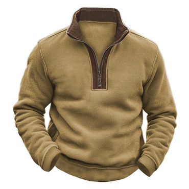 Men's Vintage Fleece Paneled Chic Suede Quarter Zip Stand Collar Sweatshirt