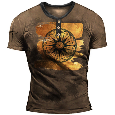 Brushed Gold Compass Rose Chic Men's Vintage Nautical Henry Henley T-shirt