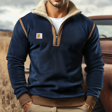 Men's Vintage Suede Patchwork Chic Lamb Fleece Quarter Zip Stand Collar Pullover