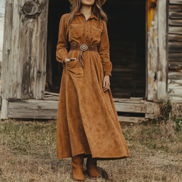 Ladies Vintage Western Style Chic Pastoral Shirt Collar Pocket Rustic Boho Saddle Brown Chamois Dress