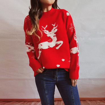 Women New Year's Christmas Chic Fawn Holiday Crew-neck Knit Sweater