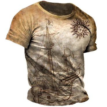 Men's Vintage Nautical Pirate Chic Sailing Sun Print Short Sleeve T-shirt