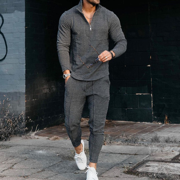 Curve Texture Long-sleeved Polo And Chic Sweatpants Set