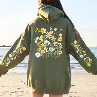 Wildflowers Boho Cottagecore Floral Chic Botanical Flowers Hoodie Military Green Sweatshirt