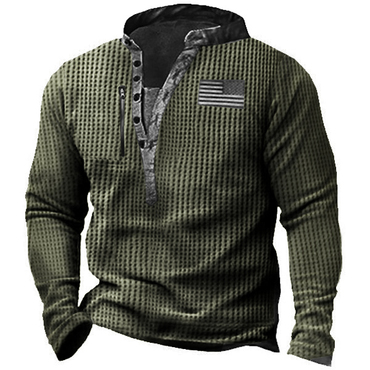 Waffle Fabric Men's Outdoor Chic Zip Retro Print Tactical Henley Long Sleeve T-shirt