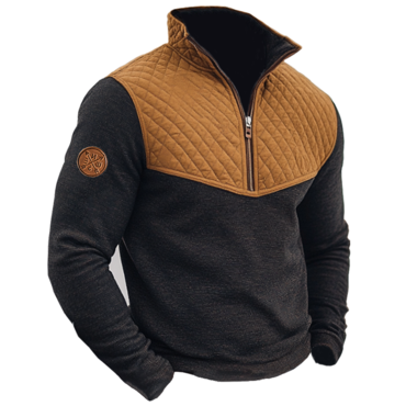 Men's Retro Quilted Patchwork Chic Quarter Zip Collar Sweatshirt