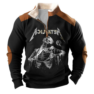 Men's Vintage Rock Band Chic Skull Print Fleece Collar Quarter Zip Stand Collar Sweatshirt