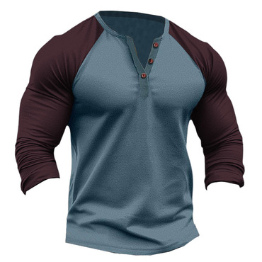 Men's Vintage Color Block Chic Raglan Sleeve Henley Collar Long Sleeve T-shirt