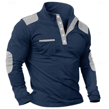 Men's Outdoor Vintage Henley Chic Stand Neck Patchwork Pocket Long Sleeved T-shirt