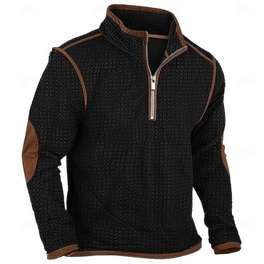 Men's Vintage Waffle Zip Chic Stand Collar Daily Tops Elbow Patch Long Sleeve T-shirt