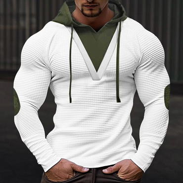 Men's Vintage Waffle Color Chic Block Long Sleeve Hooded T-shirt