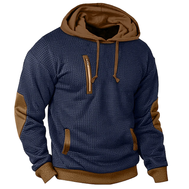 Men's Vintage Waffle Contrast Chic Elbow Patches Pocket Hoodie