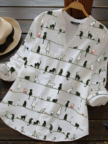 Cartoon Cat Print Casual Chic Cotton And Linen Long Blouse