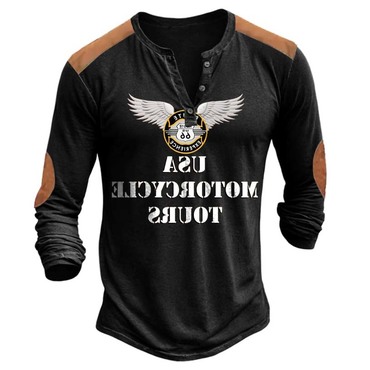 Men's Vintage Route 66 Chic Motorcycle Color Block Henley Long Sleeve T-shirt